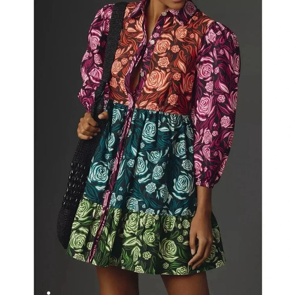 Farm Rio&Anthropologie Long-Sleeve Tiered Mini Dress - Picture 1 of 13